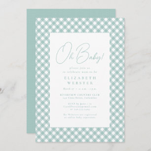 Teal gingham cute simple neutral baby shower invitation