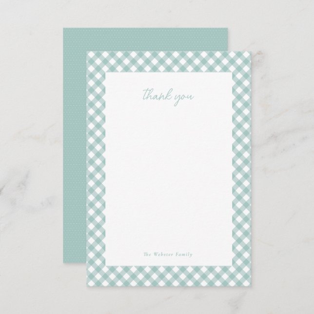 Teal gingham cute simple personalised baby shower thank you card (Front/Back)