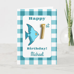 Teal Gingham Gold Foil Balloon Fish 1st Birthday Card
