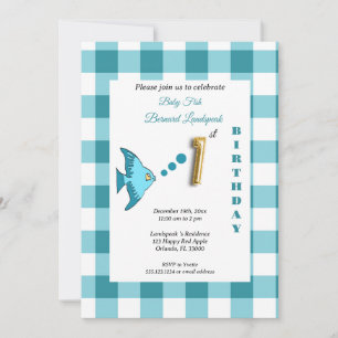 Teal Gingham Gold Foil Balloon Fish 1st Birthday Invitation