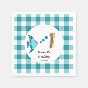 Teal Gingham Gold Foil Balloon Fish 1st Birthday Napkin