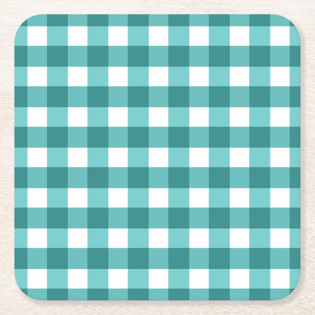 Teal gingham square paper coaster (Front)
