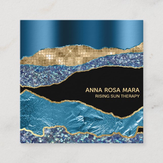 *~* Teal Glam Agate Geode Gold Glitter Black Square Business Card (Front)