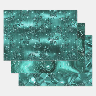 Teal Glam Glitter Sparkle Patterns Wrapping Paper Sheet