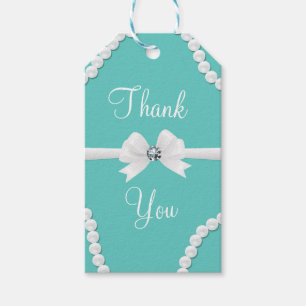 Teal Glam Pearls & White Bow Bling Elegant Chic Gift Tags