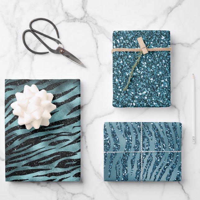 Teal Glam Zebra Glitter Wrapping Paper Sheet (Front)