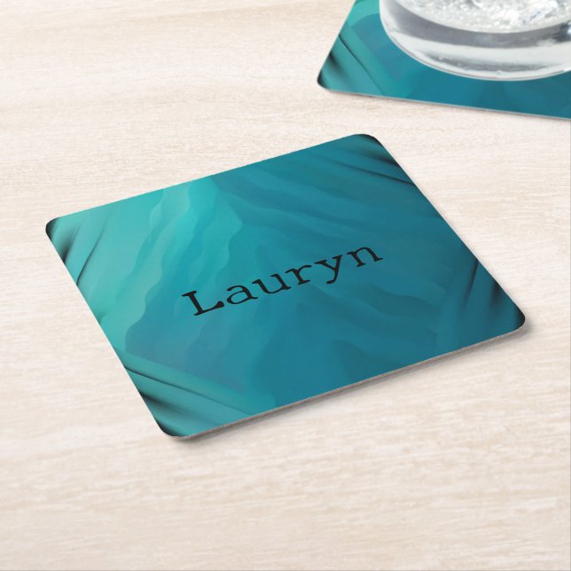 Teal glass texture square paper coaster (Angled)