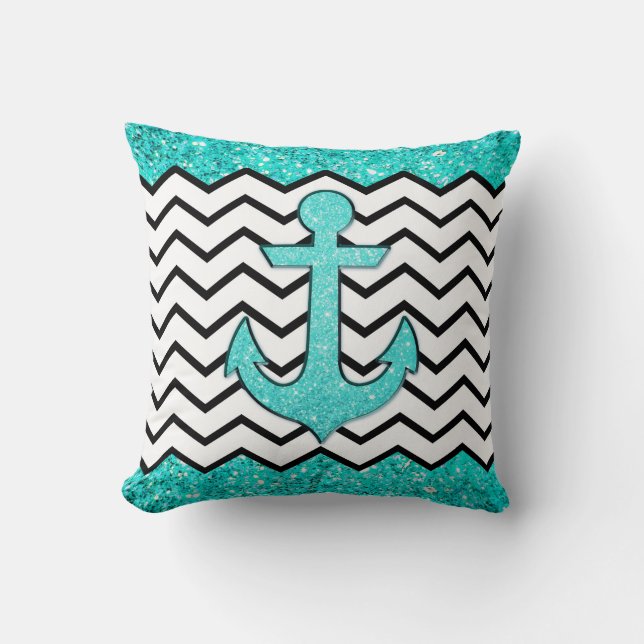 Teal glitter anchor and chevron cushion (Front)