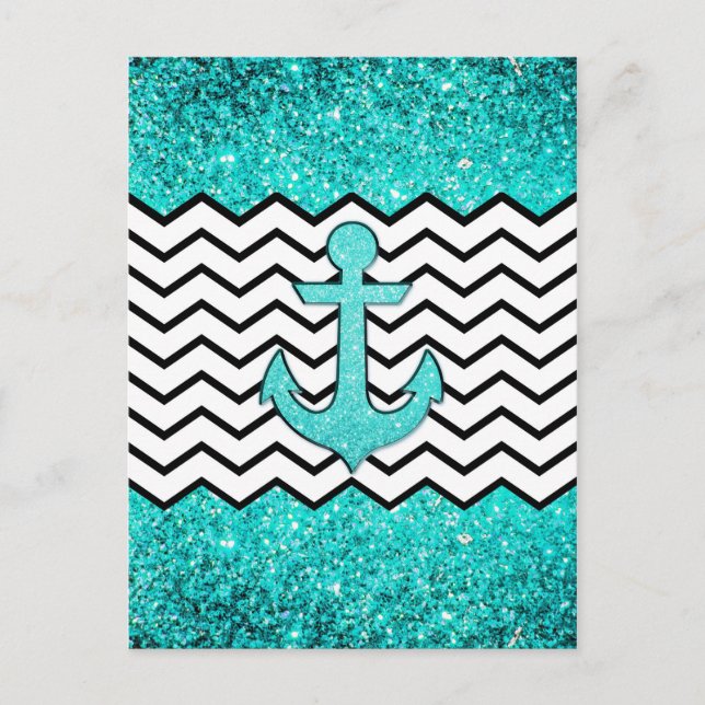 Teal glitter anchor and chevron postcard (Front)
