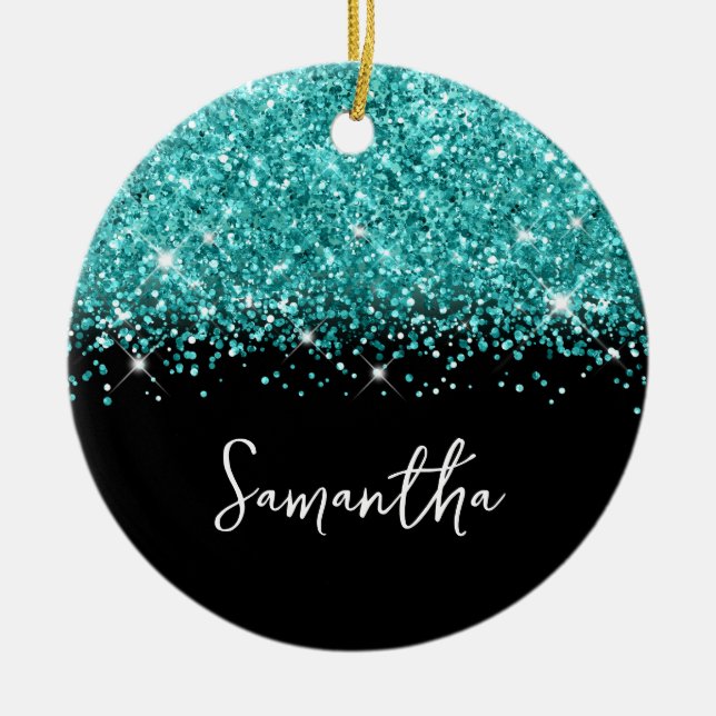 Teal Glitter and Black Glam Name Photo Ceramic Tree Decoration (Front)