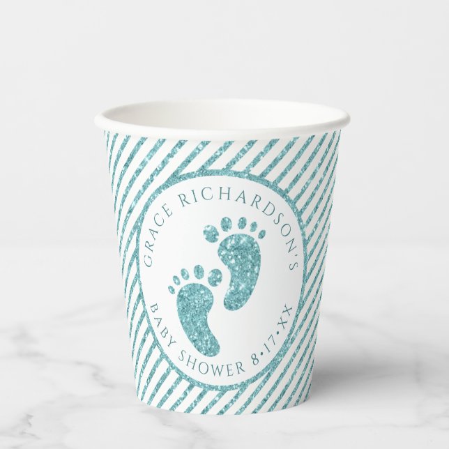 Teal Glitter Baby Feet Paper Cups | Personalised  (Front)