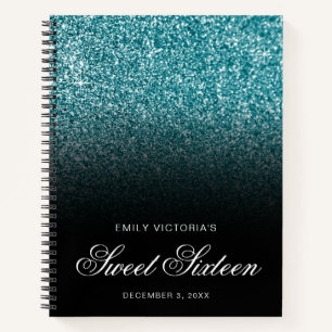 Teal Glitter Black Ombre Sweet Sixteen Guestbook Notebook