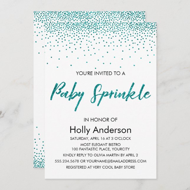 Teal Glitter Confetti & Typography Baby Sprinkle Invitation (Front/Back)