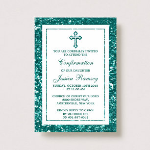Teal Glitter Cross Holy Communion Or Confirmation Invitation