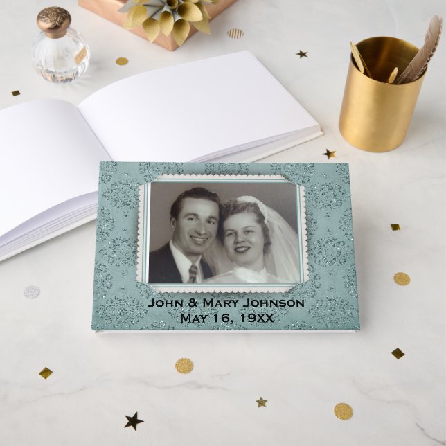 Teal Glitter Damask with Photo Frame Guest Book (Front Open)