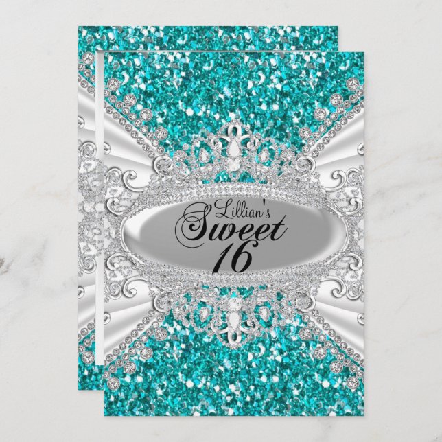 Teal Glitter Diamond Tiara Sweet 16 Invite (Front/Back)