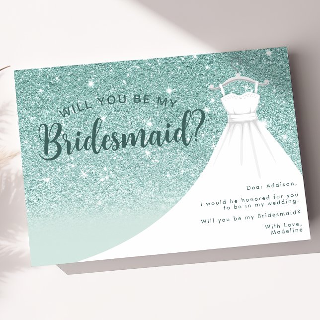 Teal Glitter Dress Will You Be My Bridesmaid Invitation (Creator Uploaded)