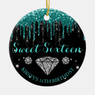 Teal Glitter Drip Sweet Sixteen Ceramic Tree Decoration