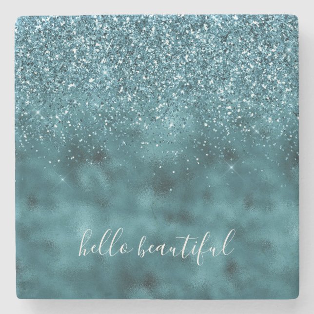 Teal Glitter Glitz sparkle glam personalised quote Stone Coaster (Front)