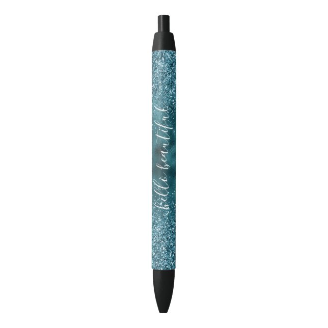Teal Glitter Glitz sparkle glam personalized quote Black Ink Pen (Front Vertical)