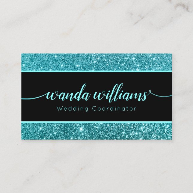 Teal Glitter Handwritten Calligraphy Business Card (Front)