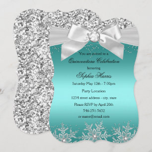 Teal Glitter Jewel Bow Snowflake Quinceanera Invitation