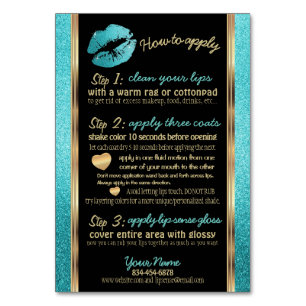 Teal Glitter Lip How to Apply Instructions Table Number