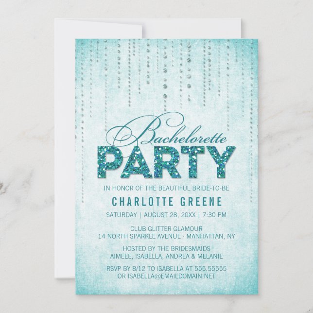 Teal Glitter Look Bachelorette Party Invitation (Front)