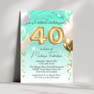 Teal Glitter Marble & Gold Balloons 40th Birthday Invitation