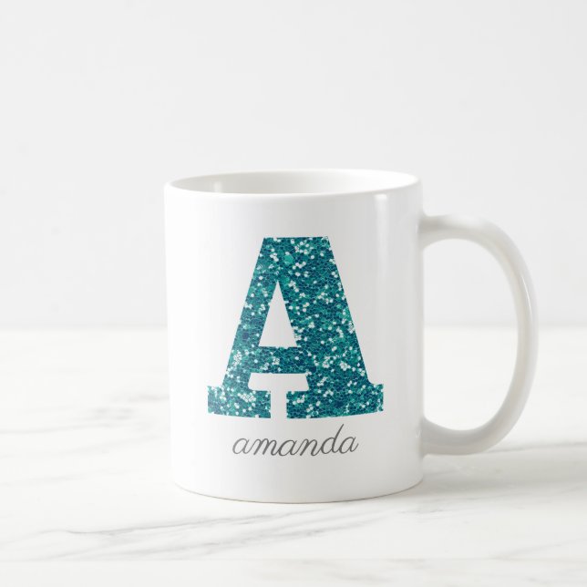 Teal Glitter Monogram A Personalised Mug (Right)