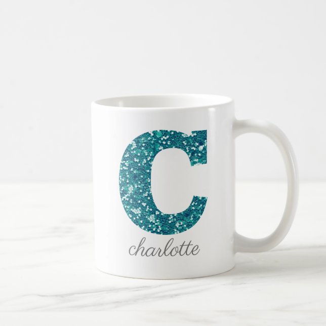Teal Glitter Monogram C Personalised Coffee Mug (Right)