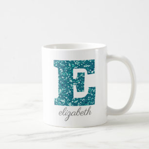Teal Glitter Monogram E Personalised Coffee Mug
