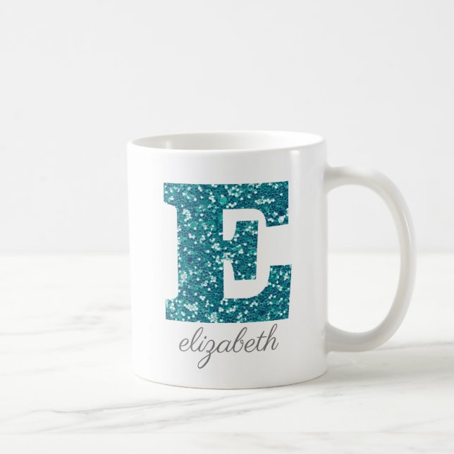 Teal Glitter Monogram E Personalised Coffee Mug (Right)