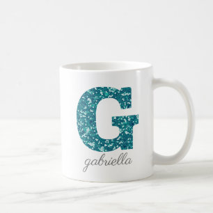 Teal Glitter Monogram G Personalised Mug
