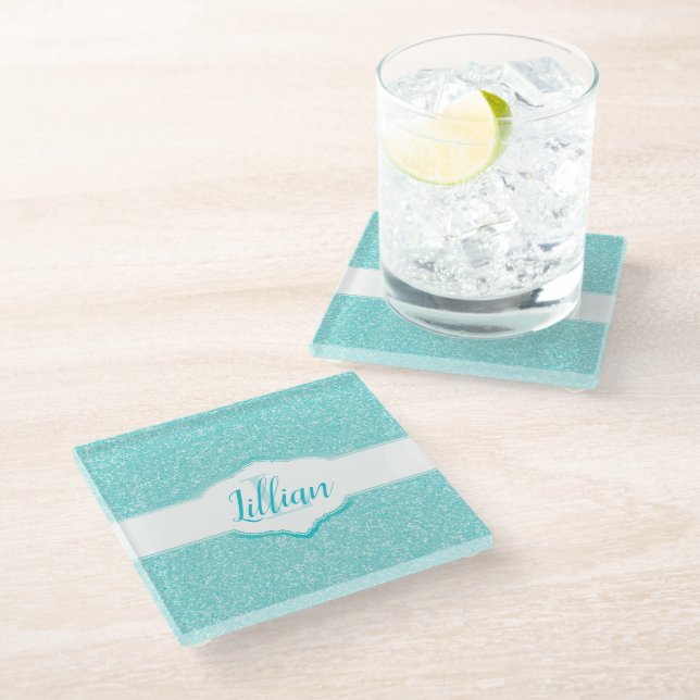 Teal Glitter Monogram Glass Coaster (Angled)