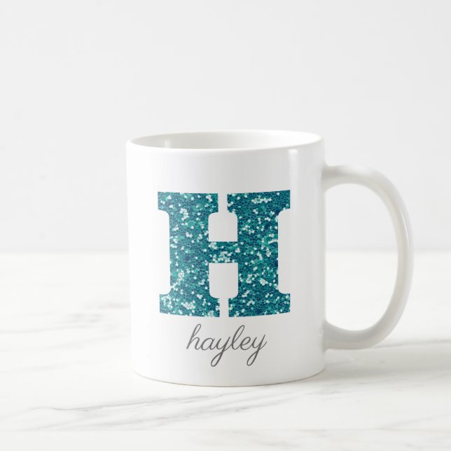 Teal Glitter Monogram H Personalised Mug (Right)