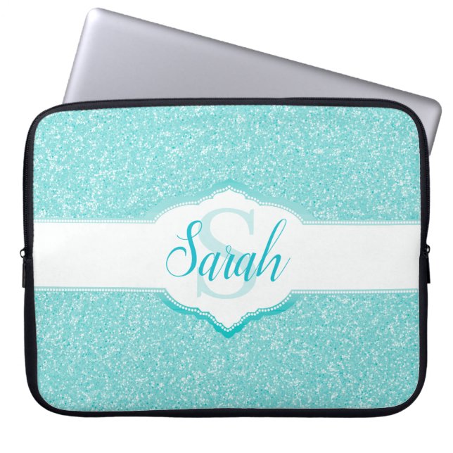 Teal Glitter Monogram Laptop Sleeve (Front)