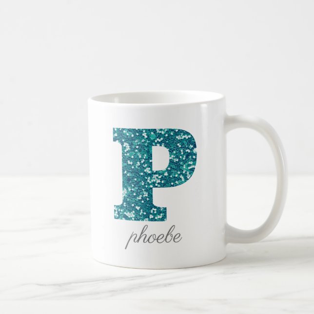 Teal Glitter Monogram P Personalised Mug (Right)