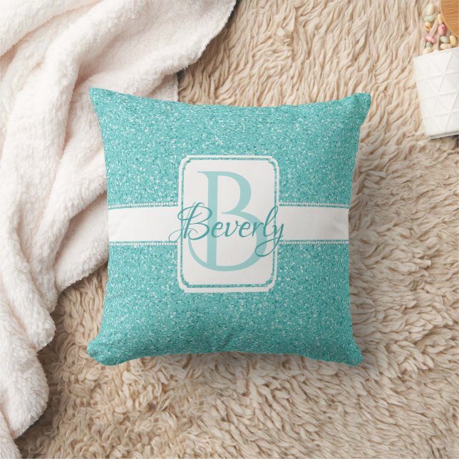 Teal Glitter Monogram Personalised Throw Pillow (Blanket)