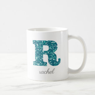 Teal Glitter Monogram R Personalised Mug