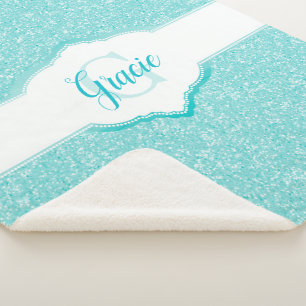 Teal Glitter Monogram Sherpa Blanket