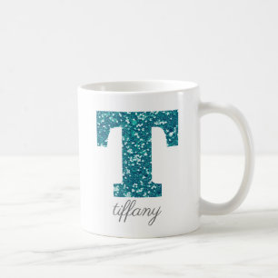 Teal Glitter Monogram T Personalised Coffee Mug