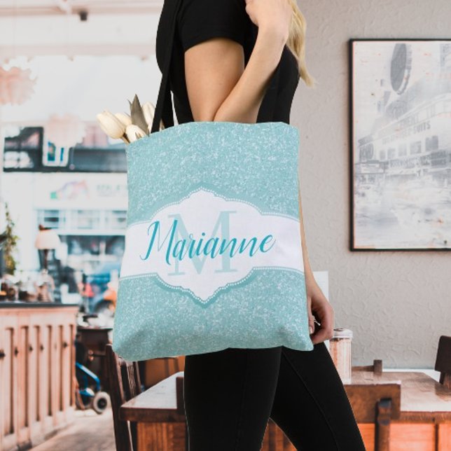 Teal Glitter Monogram Tote Bag (Teal Glitter Monogram Tote Bag)