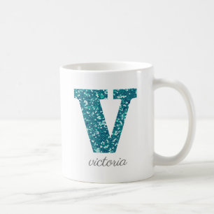 Teal Glitter Monogram V Personalised Mug