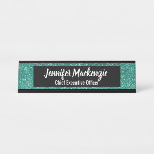 Teal Glitter Office Desk Sign