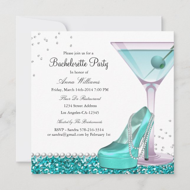Teal Glitter Pearl Bachelorette Party Invite (Front)