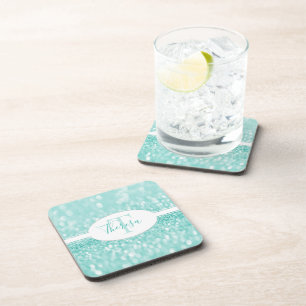 Teal Glitter Personalise Plastic Coaster