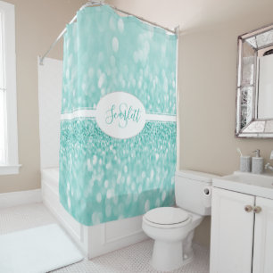 Teal Glitter Personalise Shower Curtain