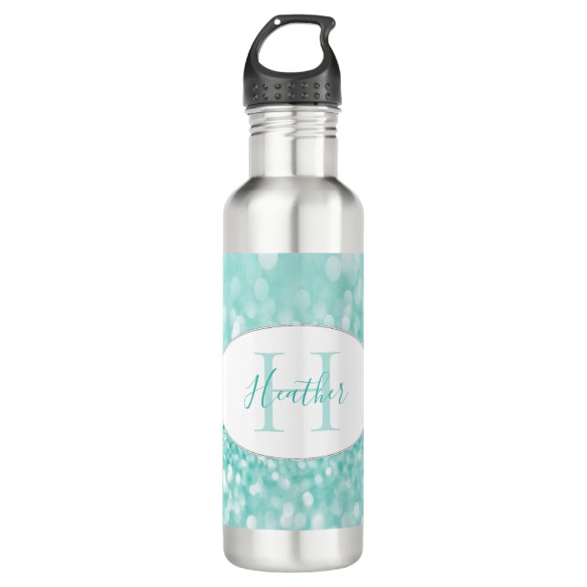 Teal Glitter Personalise Water Bottle (Front)