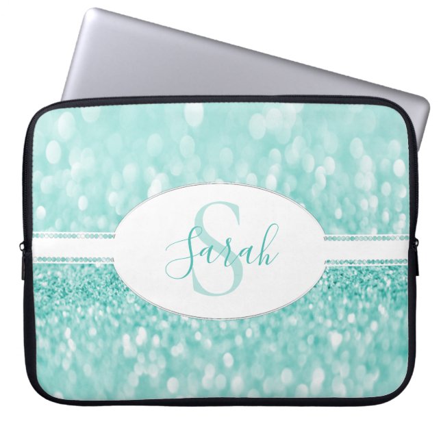 Teal Glitter Personalize Laptop Sleeve (Front)